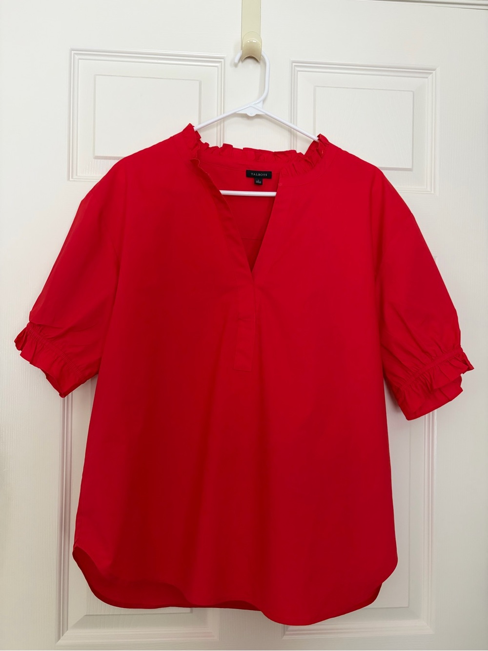 Talbots Red Ruffle-Trim V-Neck Puff Sleeve Blouse